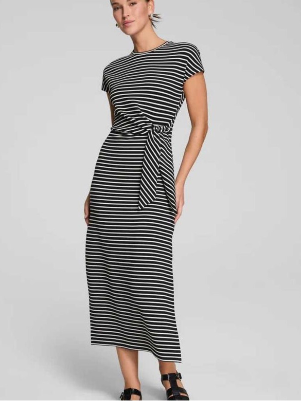 Spanx AirEssentials Tie Waist Maxi Dress Black & White Striped Size 1X 1T